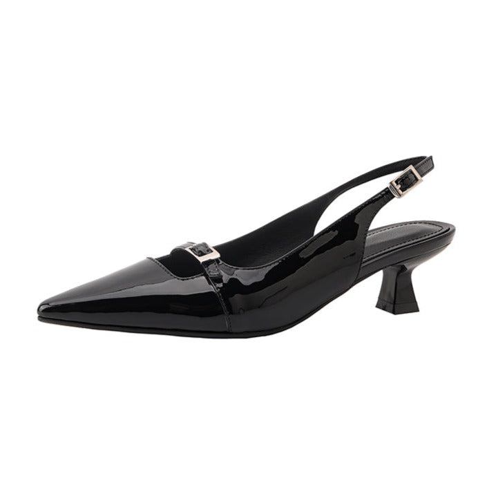 Genuine Leather Pointed Toe Kitten Heel Pumps with Buckled Straps