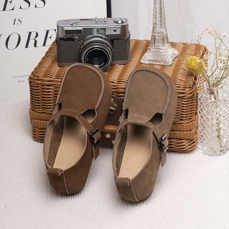 Handmade Soft Leather Mary Jane Shoes Buckle Decor Flat Loafers