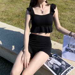 Swimwear Ruffles Solid Backless Korean Style Students High Waist Swimsuit