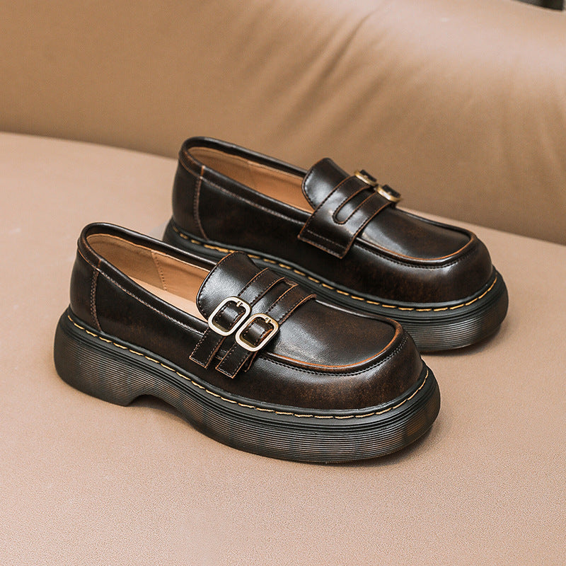 Retro Round Head Metal Buckle Leather Flat JK Loafers