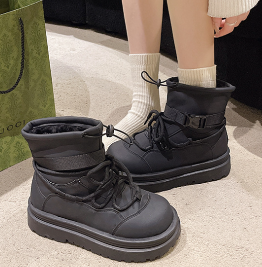 Leather Big Round Head Platform Casual Lace-up Boots