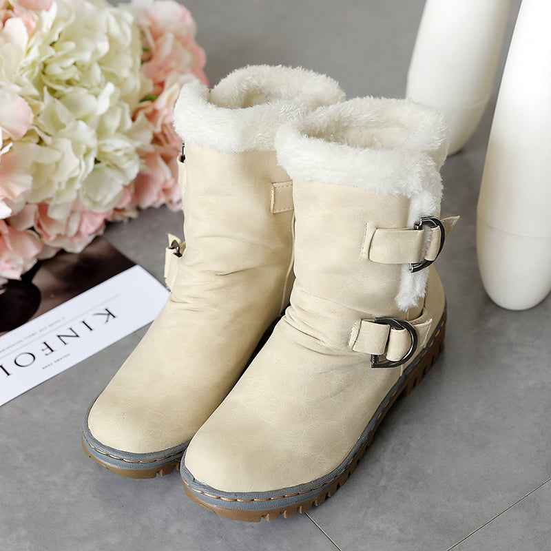 Snow Boots Flats Fur Warm Winter Buckle Slip on Shoes