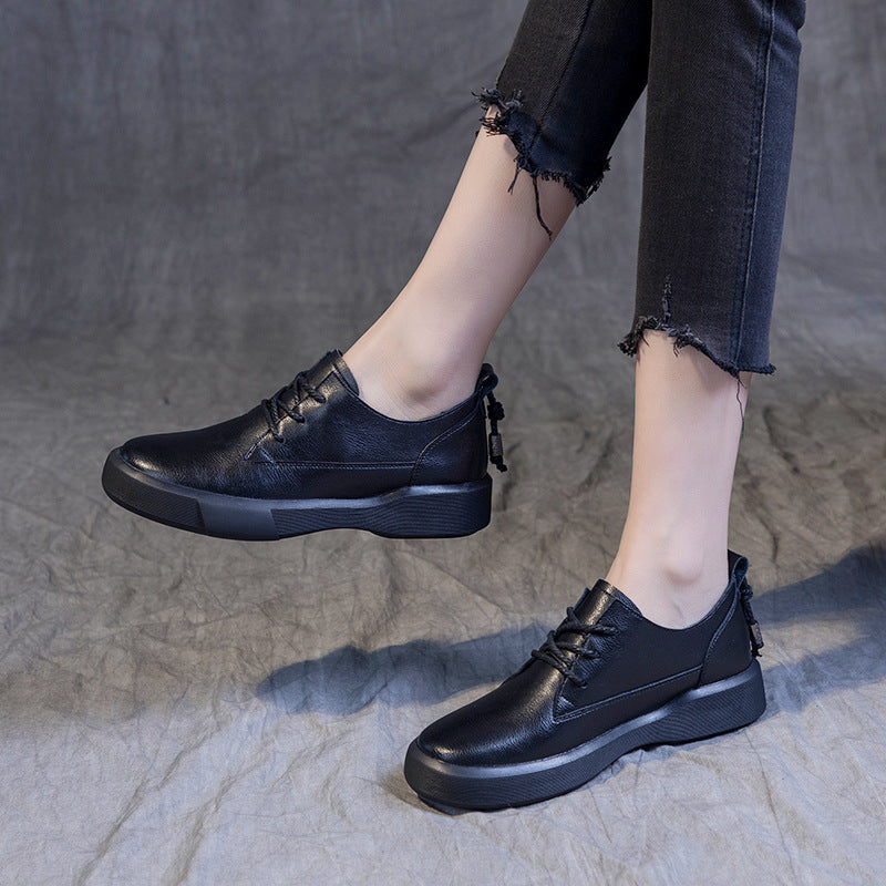 Ankle Loafers Leather Round Toe Lace Up Flats Shoes