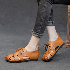 Cow Leather Retro Woven Sandals Lace-Up Soft Sole Women's Shoes