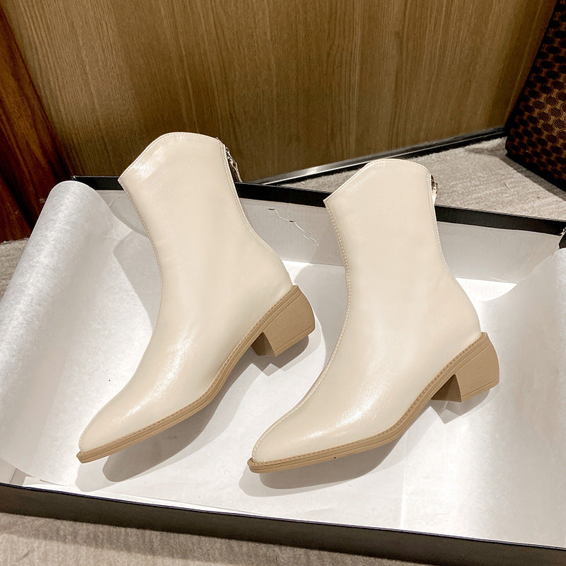 Ankle Boots Pointed Toe Solid Color Back Zipper Comfortable Boots