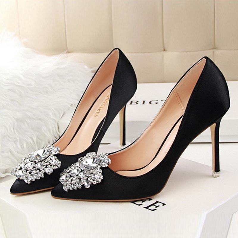 Rhinestone Satin Pointed High Heels