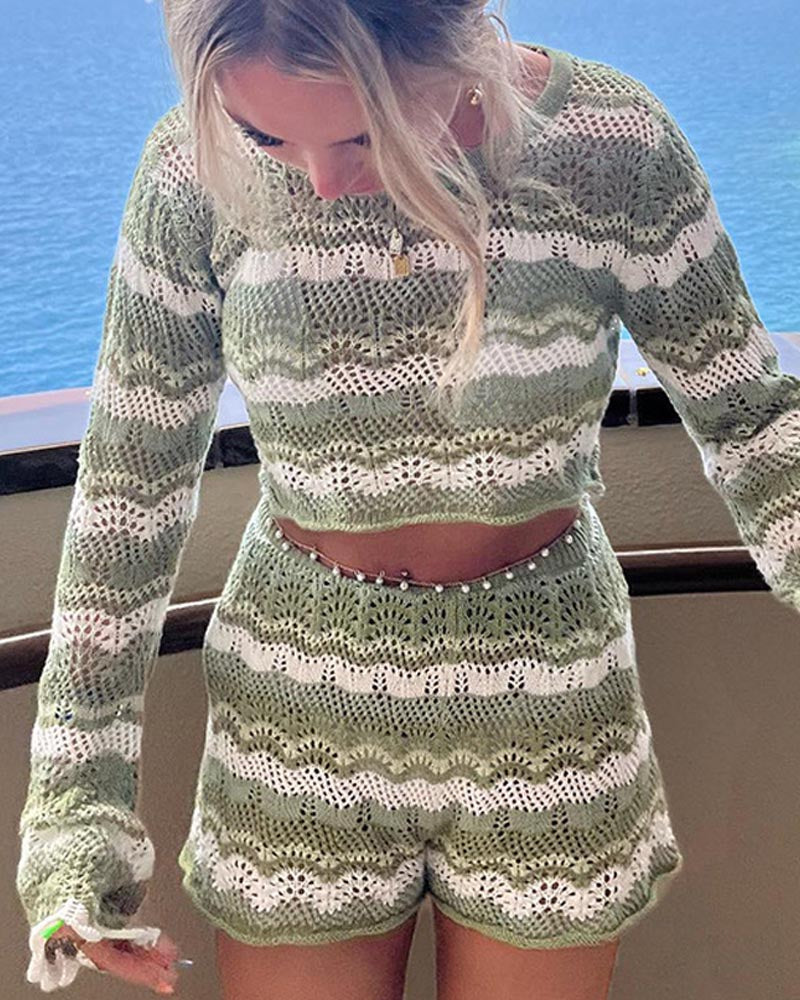 Stripe Print Crochet Shorts Coord