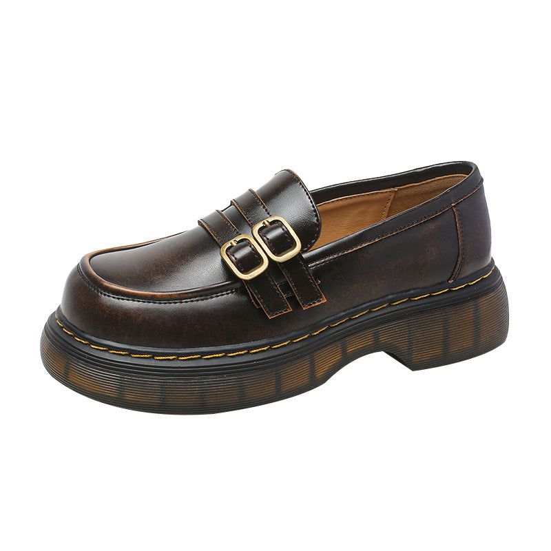 Retro Round Head Metal Buckle Leather Flat JK Loafers
