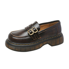 Retro Round Head Metal Buckle Leather Flat JK Loafers