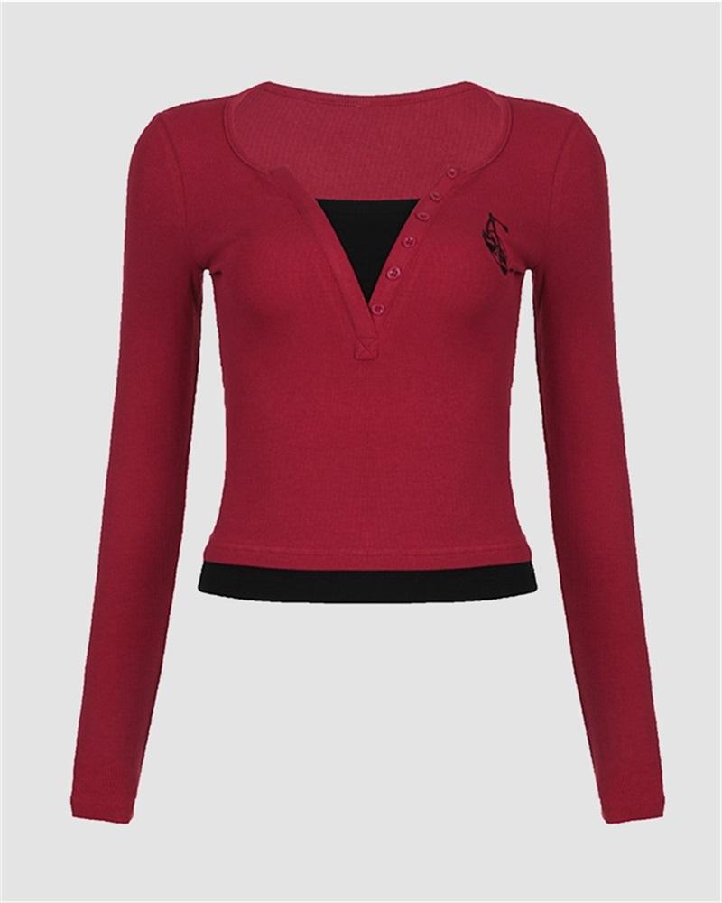 Fake Two-Piece V-Neck Slim T-Shirt