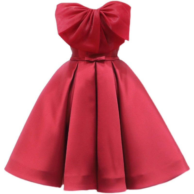 Big Bow Pleated Satin Homecoming Dress With Off Shoulder