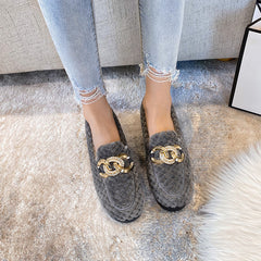 Metal Chain Winter Warm & Comfortable Plush Fur Loafers Shoes
