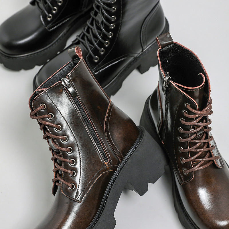 Combat Boots Platform Leather Chunky Heel Zipper Boots