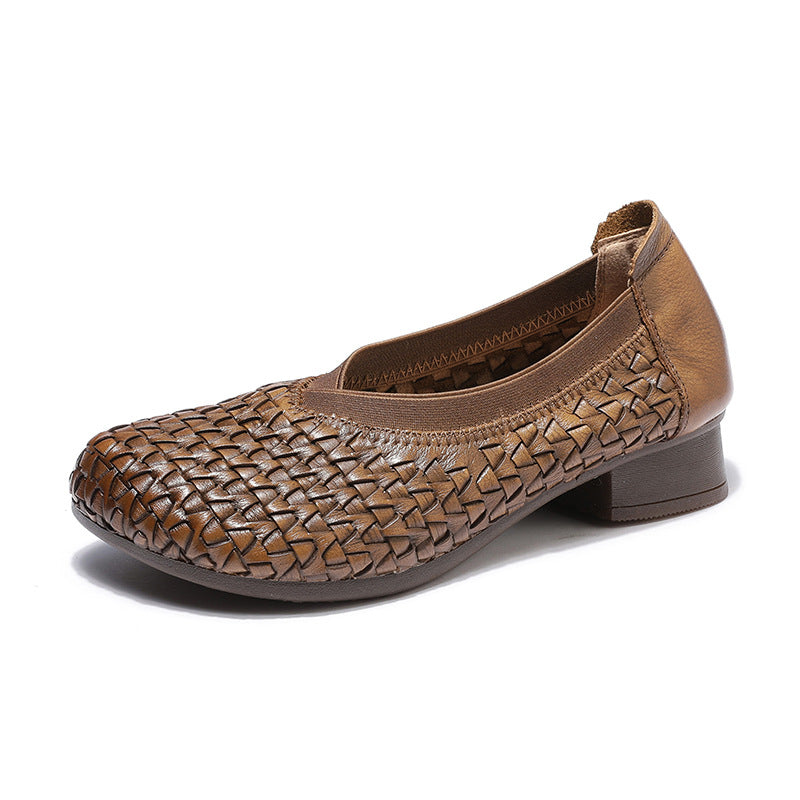 Chunky Heel Soft Cowhide Woven Leather Shoes Women