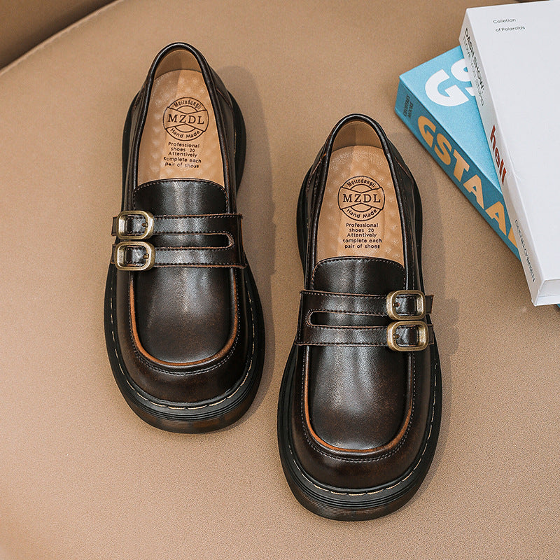 Retro Round Head Metal Buckle Leather Flat JK Loafers