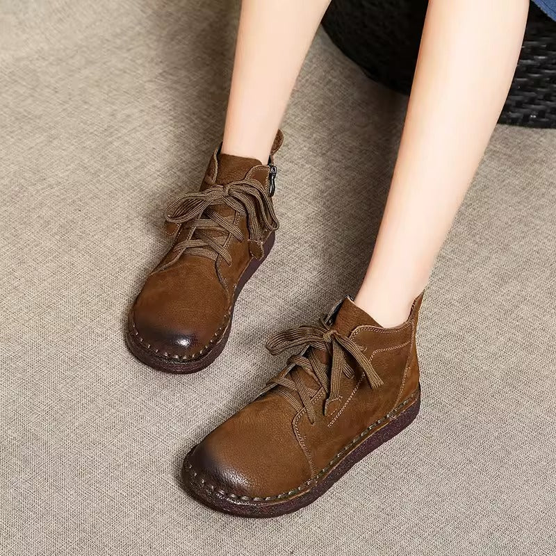 Handmade Retro Leather Ankle Boots Autumn Zip Flat Shoes