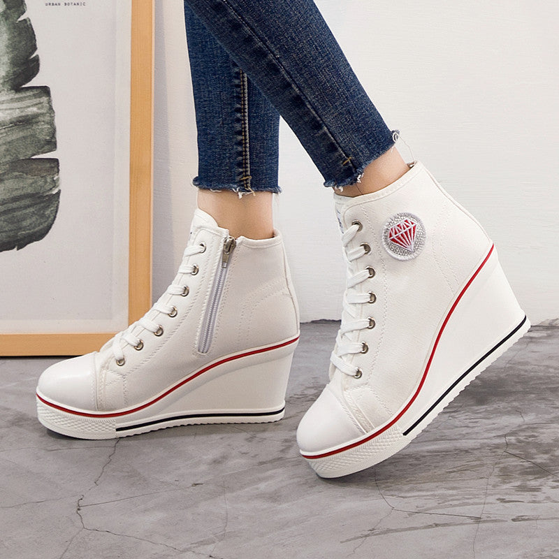 Wedge Chunky Heel Casual Zipper Lace-up Canvas Shoes