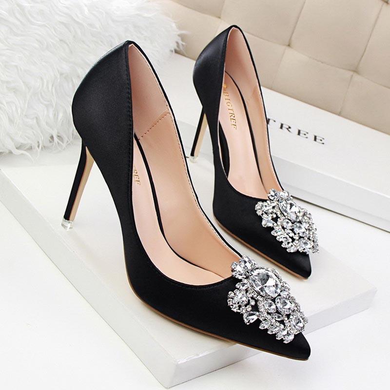 Rhinestone Satin Pointed High Heels