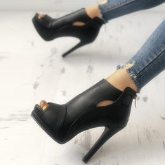 Black Peep Toe Cutout Stiletto Shoes Sandals Thin High Heel Ankle Boots