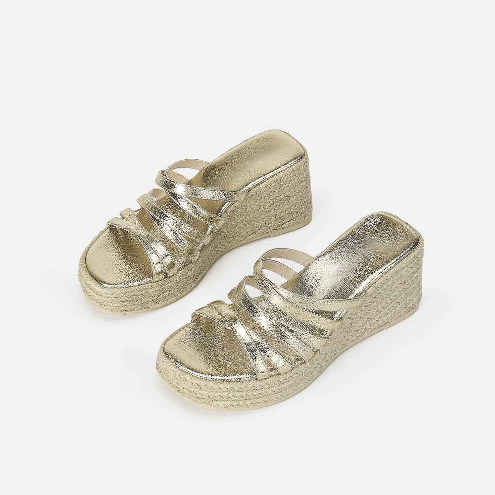 Metallic Gold Crossover Strap Espadrille Wedge Sandals Platform Slippers