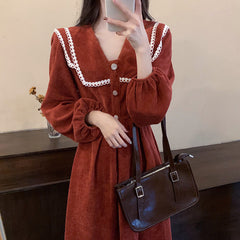 Lindo vestido de pana con botones y manga larga, talla grande