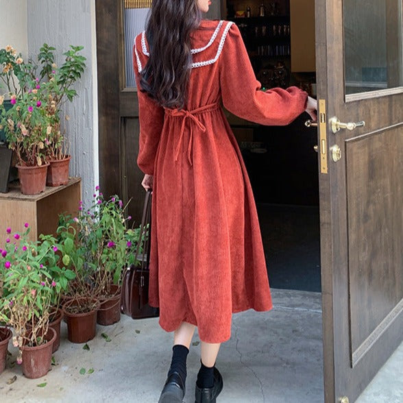 Lindo vestido de pana con botones y manga larga, talla grande
