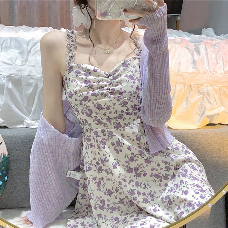 Floral Sling Mini Dress + Knit Cardigan