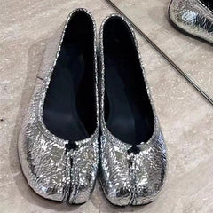 Silver Satin Tabi Flat Horseshoe Granny Ballerina Shoes