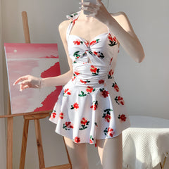 Retro Soft Girl Aesthetic Hanging Neck Halter Swimsuit