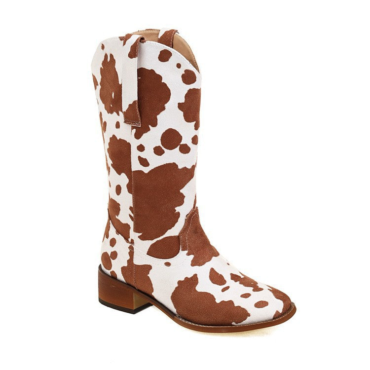 Mid Calf Cowboy Boots Chunky Heel Half Boots Cow Print Western Boots