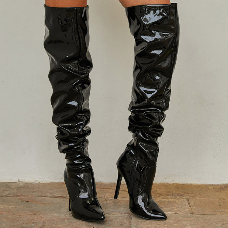 Wrinkles Patent Leather Thigh High Boots Pointed Toe Over The Knee High Boots