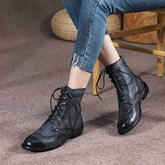 Handmade Womens's Leather Ankle Lace Up Carving Brogue Boots