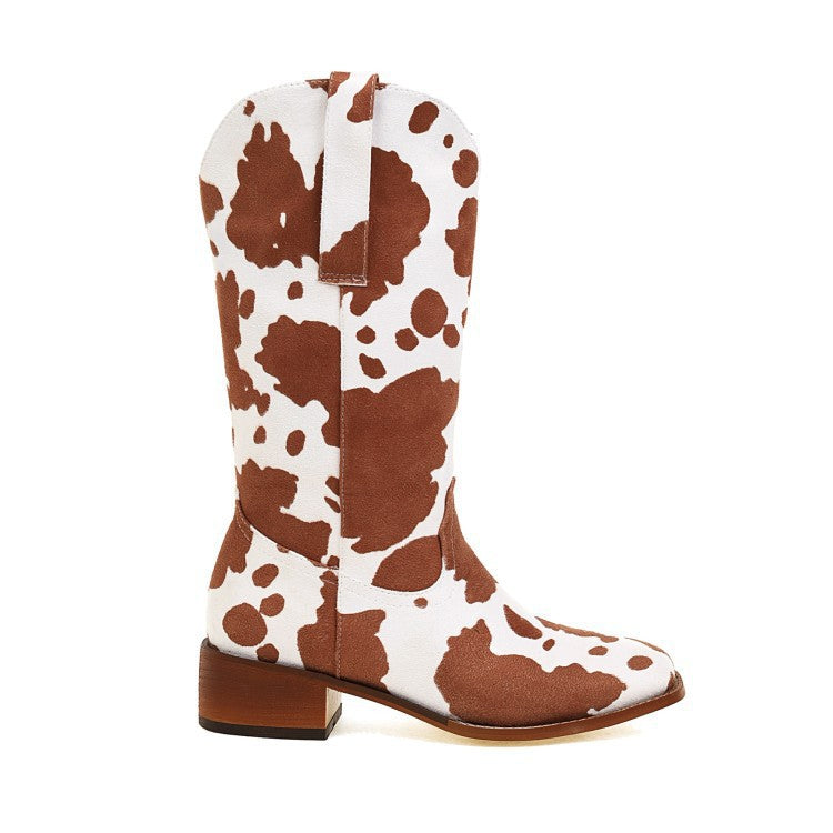 Mid Calf Cowboy Boots Chunky Heel Half Boots Cow Print Western Boots