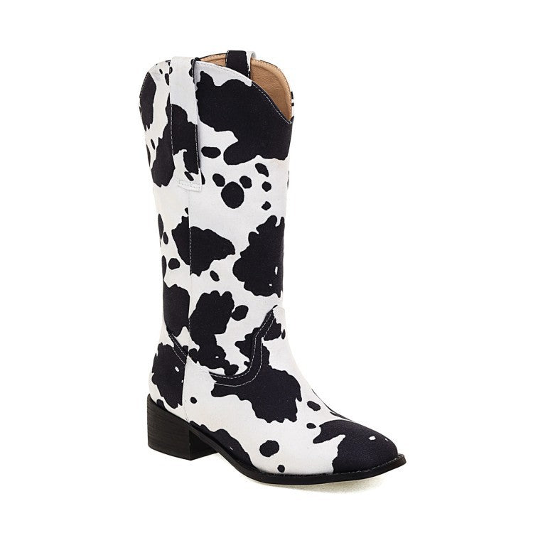 Mid Calf Cowboy Boots Chunky Heel Half Boots Cow Print Western Boots