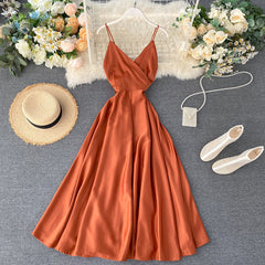 Homecoming V-Neck Satin Dresses, A-Line Long Dresses