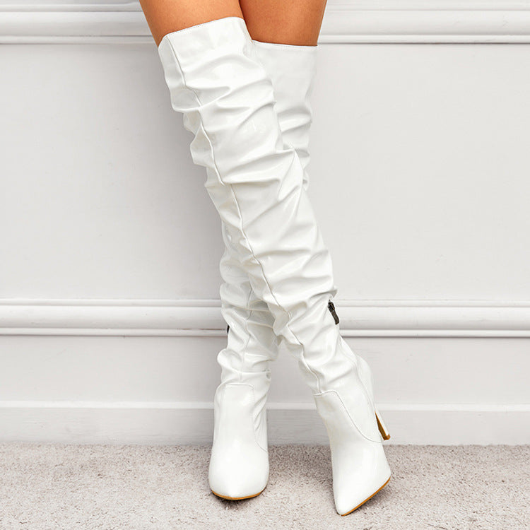 Wrinkles Patent Leather Thigh High Boots Pointed Toe Over The Knee High Boots