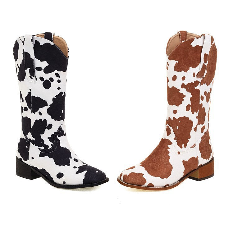 Mid Calf Cowboy Boots Chunky Heel Half Boots Cow Print Western Boots