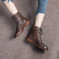 Handmade Womens's Leather Ankle Lace Up Carving Brogue Boots