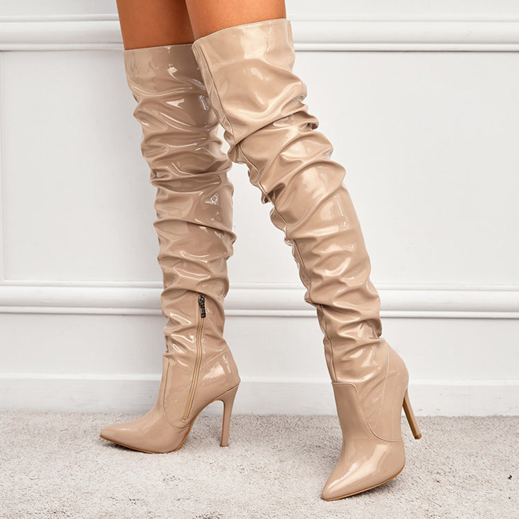 Wrinkles Patent Leather Thigh High Boots Pointed Toe Over The Knee High Boots