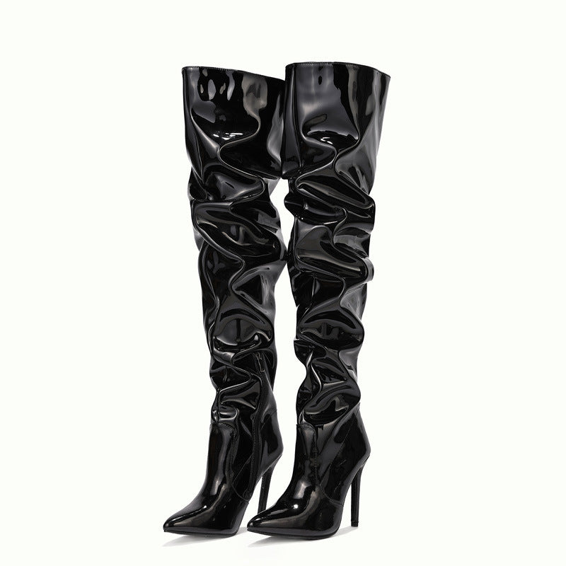 Wrinkles Patent Leather Thigh High Boots Pointed Toe Over The Knee High Boots