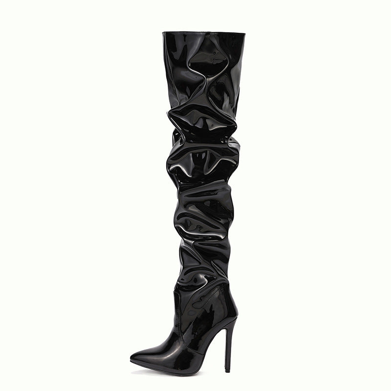 Wrinkles Patent Leather Thigh High Boots Pointed Toe Over The Knee High Boots