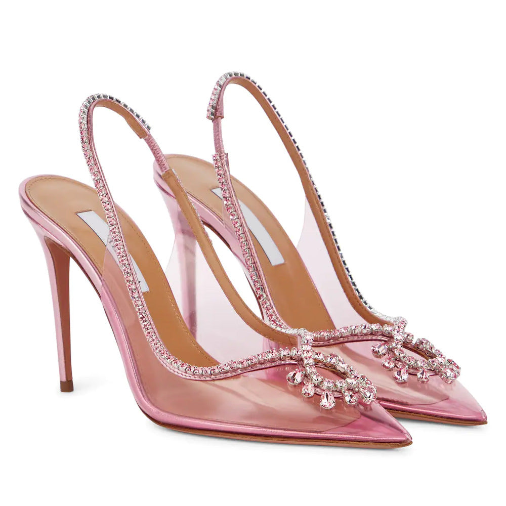 Clear Heels Summer Pointed Toe Chain Sandals with Rhinestones