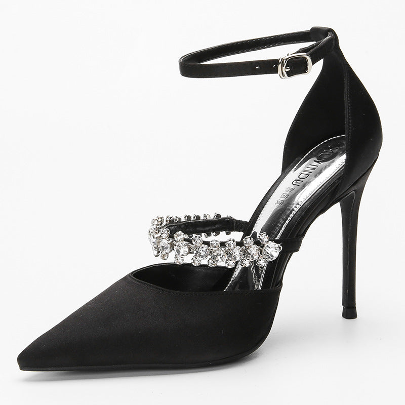 Pointed Toe Sparkly Stiletto Heels Rhinestone Ankle Strap Pumps