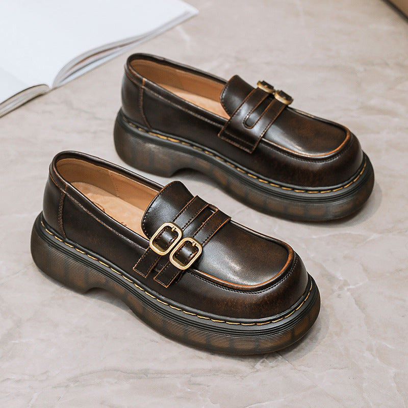 Retro Round Head Metal Buckle Leather Flat JK Loafers