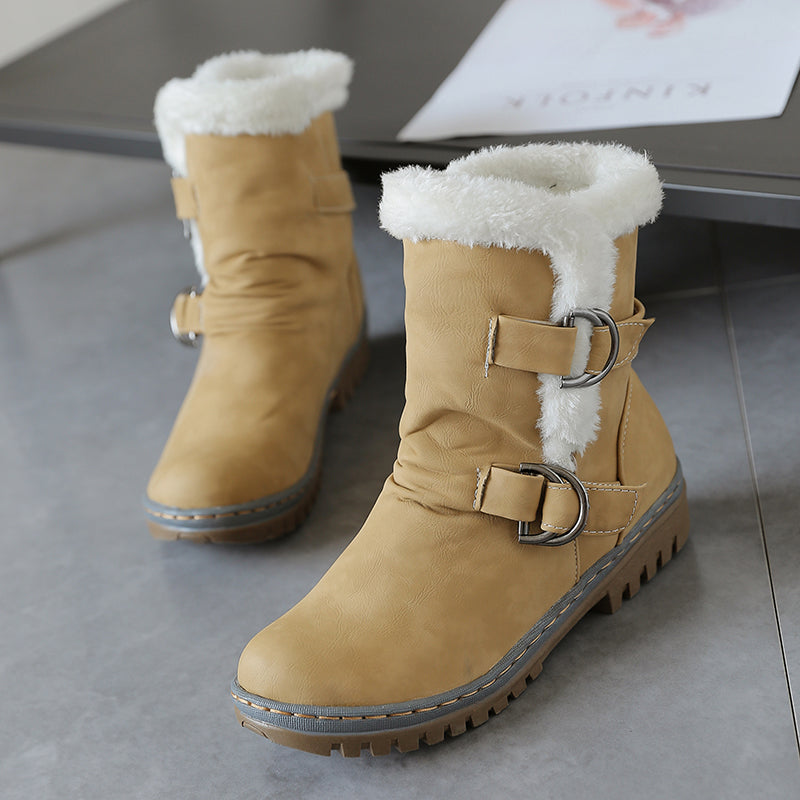 Snow Boots Flats Fur Warm Winter Buckle Slip on Shoes