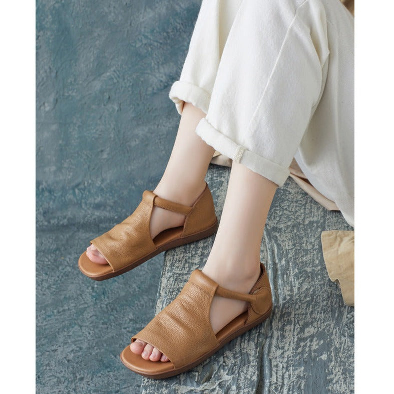 Summer Cowhide Handmade Velcro Open Toe Sandals Flat Shoes