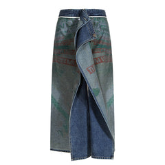 Artistic Reversible Slit Printed Y2K Denim Skirt