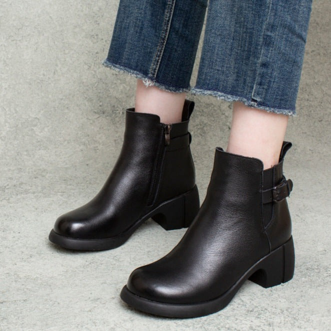 Leather Ankle Boots Round Toe Zip Handmade Shoes