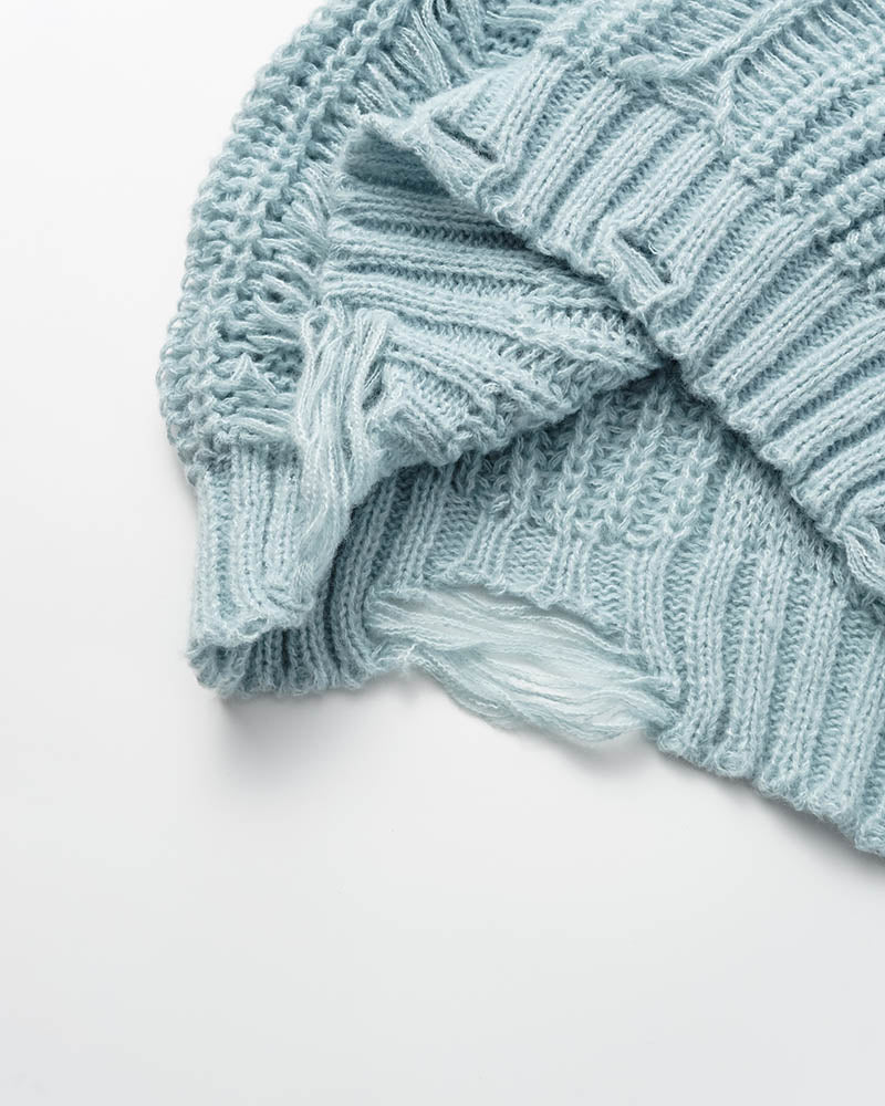 Tassel Pierced High Neck Pullover Sweater