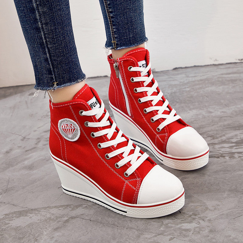 Wedge Chunky Heel Casual Zipper Lace-up Canvas Shoes